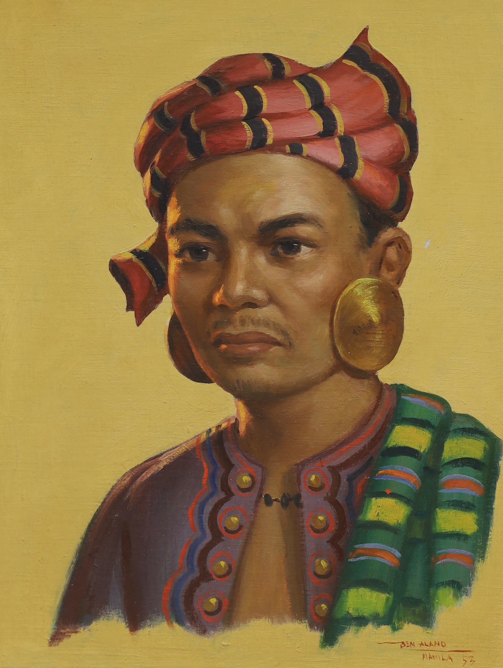 Ben Alano (Philipino 1920 - 1991) pair of oil on boards, Portraits of a lady and gentleman wearing traditional dress, possibly members of the Royal family, signed and inscribed Manila, 44 x 34cm